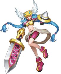 Rule 34 | digimon, digimon (creature), digimon new century, looking at viewer, minervamon, official art, olympos xii, shield, solo, sword, twintails, weapon