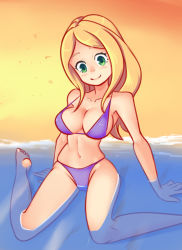 Rule 34 | 1girl, arm support, barefoot, beach, bikini, blonde hair, blush, breasts, cleavage, collarbone, digimon, digimon frontier, drantyno, green eyes, highres, kneeling, large breasts, looking down, navel, ocean, aged up, orimoto izumi, partially submerged, purple bikini, sand, smile, swimsuit, water