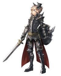 Rule 34 | 1girl, armor, blonde hair, closed mouth, dagger, female focus, full body, holding, holding sword, holding weapon, knife, original, purple eyes, shield, shinazo, simple background, solo, sword, tattoo, weapon, white background