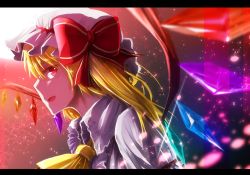 Rule 34 | 1girl, ascot, bad id, bad pixiv id, blonde hair, blurry, bow, depth of field, flandre scarlet, foreshortening, hat, hat bow, letterboxed, moon, moonlight, night, profile, red eyes, side ponytail, touhou, tunasann, wings