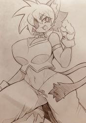Rule 34 | 1girl, alicia priss, animal ears, armlet, breasts, cat ears, cat tail, cleavage, eyepatch, furry, furry female, gloves, highres, large breasts, little tail bronx, mitsuba-sama (milkba-ng), monochrome, short hair, sketch, sleeveless, smile, solo, tail, tail concerto, white background