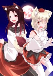 Rule 34 | 2girls, animal ears, bare shoulders, blush, breasts, brown hair, clothes lift, detached sleeves, dress, dress lift, fang, full moon, hat, highres, imaizumi kagerou, intertwined tails, inubashiri momiji, kunsei hamu, long hair, long sleeves, looking at viewer, miniskirt, moon, multiple girls, night, one eye closed, pom pom (clothes), red eyes, red moon, shirt, short hair, silver hair, skirt, smile, tail, thighhighs, tokin hat, touhou, werewolf, white legwear, wide sleeves, wink, wolf ears, wolf tail