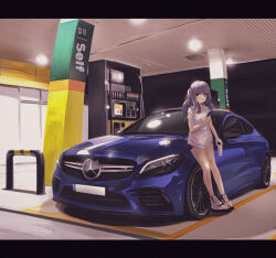 Rule 34 | 1girl, absurdres, black eyes, black shorts, blue car, can, car, gas pump, gas station, highres, holding, holding can, holding phone, long hair, mercedes-benz, micro shorts, motor vehicle, night, nougat (73r1r1), original, outdoors, phone, purple hair, shirt, shorts, solo, t-shirt, vehicle request, white footwear, white shirt