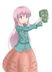 Rule 34 | 1girl, :o, bubble skirt, facing away, hata no kokoro, long hair, long sleeves, mask, meranku, outstretched arms, pink eyes, pink hair, plaid, plaid shirt, shirt, simple background, skirt, solo, star (symbol), the mask, touhou, triangle, very long hair, white background, x (letter)
