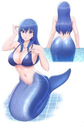 Rule 34 | 1girl, absurdres, ass, bikini, blue bikini, blue eyes, blue hair, breasts, commentary, earrings, female focus, from behind, highres, jewelry, kiria021, large breasts, mermaid, monster girl, navel, necklace, original, pool, simple background, smile, solo, swimsuit, tiles, wet, white background