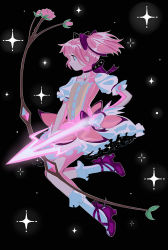 1girl, acet0xy, ankle ribbon, arrow (projectile), black background, bow (weapon), bubble skirt, buttons, choker, closed mouth, collarbone, cross-laced footwear, expressionless, eyebrows visible through hair, feet up, flat chest, floating hair, flower, frilled legwear, frilled skirt, frilled sleeves, frills, from side, full body, gloves, glowing, glowing arrow, glowing weapon, hair ribbon, highres, holding, holding weapon, kaname madoka, knees together feet apart, leaf, light particles, looking afar, mahou shoujo madoka magica, outline, pink eyes, pink flower, pink hair, pink rose, pink theme, profile, puffy short sleeves, puffy sleeves, red footwear, ribbon, ribbon choker, rose, shiny, shiny footwear, shiny hair, short sleeves, short twintails, simple background, skirt, socks, solo, soul gem, sparkle background, tareme, twintails, twitter username, weapon, white gloves, white legwear, white outline, white skirt
