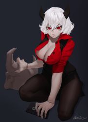 Rule 34 | 1girl, blouse, breasts, cellphone, cleavage, demon girl, demon horns, annoyed, helltaker, highres, horns, large breasts, malina (helltaker), octorypo, open clothes, open shirt, pantyhose, phone, red eyes, red shirt, shirt, smartphone, white hair