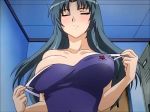 Rule 34 | 00s, 1girl, animated, blush, bouncing breasts, breasts, closed eyes, clothes pull, houkago 2: saiyuri, large breasts, locker, nipples, one-piece swimsuit pull, solo, swimsuit, topless, undressing, video