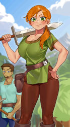 Rule 34 | 1boy, 1girl, absurdres, alex (minecraft), belt, belt pouch, blue pants, blue shirt, blue sky, blurry, blurry background, boots, breasts, brown belt, brown footwear, brown hair, brown pants, cleavage, closed mouth, cloud, collarbone, commentary, facial hair, goatee, green eyes, green shirt, hair behind ear, hand on own hip, highres, holding, holding pickaxe, holding sword, holding weapon, knee boots, large breasts, long hair, looking at viewer, low ponytail, minecraft, mole, mole under eye, mountain, nia (nia4294), orange hair, outdoors, over shoulder, pants, parted bangs, pickaxe, ponytail, pouch, purple eyes, shirt, short sleeves, sky, smile, sparkle, standing, steve (minecraft), sword, sword over shoulder, tree, weapon, weapon over shoulder