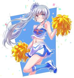 Rule 34 | 1girl, blue eyes, blue socks, cheerleader, commentary request, earrings, english text, glitter, highres, iesupa, jewelry, navel, pom pom (cheerleading), ponytail, rwby, scar, scar across eye, scar on face, shoes, simple background, sneakers, socks, solo, weiss schnee, white background, white hair