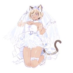Rule 34 | 1girl, animal ears, cat ears, cat tail, dress, original, tail, tribute (tributism), veil, wedding dress, white background