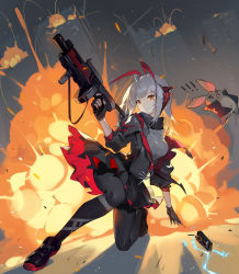 Rule 34 | 1girl, absurdres, antenna hair, arknights, black footwear, black gloves, black jacket, black pantyhose, black skirt, breasts, detonator, explosion, fingerless gloves, gloves, grenade launcher, grey hair, grey shirt, helic (7317helic), highres, holding, jacket, large breasts, looking at viewer, miniskirt, on one knee, open clothes, open jacket, orange eyes, pantyhose, parted lips, shirt, shoes, short hair, skirt, solo, stuffed animal, stuffed rabbit, stuffed toy, w (arknights), weapon