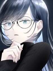 Rule 34 | 1girl, ado (utaite), black hair, black sweater, blue eyes, blue hair, chando (ado), cloud nine inc, colored inner hair, glasses, hand on own chin, highres, long hair, long sleeves, looking at viewer, mole, mole under eye, multicolored hair, parted lips, sleeves past elbows, slit pupils, solo, sweater, turtleneck, turtleneck sweater, two-tone hair, upper body, usui usui, utaite