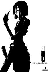 Rule 34 | 1girl, ad, black hair, black sclera, blame!, blending, colored sclera, cosmetics, cyborg, english text, greyscale, gun, high contrast, highres, holding lipstick, lipstick, lipstick tube, logo, makeup, mechanical arms, monochrome, sanakan, sate, simple background, single mechanical arm, solo, toha heavy industries, weapon, white background
