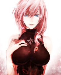 Rule 34 | 10s, 1girl, bad id, bad pixiv id, blue eyes, breasts, final fantasy, final fantasy xiii, hand on own chest, hio (plusxxx), large breasts, lightning farron, lightning returns: final fantasy xiii, long hair, pink hair, solo, turtleneck, upper body