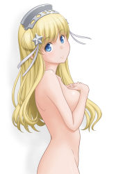 Rule 34 | 1girl, blonde hair, blue eyes, breasts, commentary request, covering privates, covering breasts, cowboy shot, double bun, fletcher (kancolle), fletcher mk ii (kancolle), hair bun, hair ornament, hairband, highres, kantai collection, large breasts, long hair, looking at viewer, nude, simple background, smile, solo, star (symbol), star hair ornament, t2r, white background