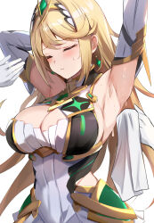 Rule 34 | 1girl, armpits, arms up, blonde hair, blush, breasts, chest jewel, cleavage, closed eyes, dress, elbow gloves, gloves, headpiece, large breasts, mythra (xenoblade), simple background, sleeveless, sleeveless dress, solo focus, tiara, tomas (kaosu22), white background, white dress, xenoblade chronicles (series), xenoblade chronicles 2