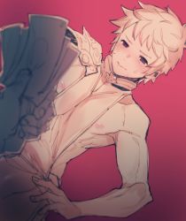 Rule 34 | 10s, 1boy, blurry, blush, depth of field, dutch angle, gradient background, gran (granblue fantasy), granblue fantasy, hand on own hip, male focus, money, muscular, nipples, norasame (dagako), red background, simple background, solo, spiked hair, sweat