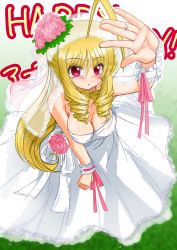 Rule 34 | 1girl, ahoge, anzai satsuki, bare shoulders, blonde hair, blush, bow, breasts, bridal veil, bride, cleavage, collarbone, dress, drill hair, flower, grass, hayate no gotoku!, highres, jewelry, large breasts, long hair, open mouth, red eyes, ring, shirt, sketch, solo, tennousu athena, veil, wedding dress, wedding ring