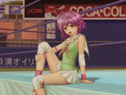 Rule 34 | 1girl, alcohol, arena, ascot, beer, blush, can, coca-cola, elbow pads, hair bobbles, hair ornament, knee pads, open mouth, poster (medium), purple eyes, purple hair, shoes, short hair, sign, sitting, skirt, smile, sneakers, solo, umii, wrestle angels, wrestle angels survivor, wrestle angels survivor 2, wrestling outfit, wrestling ring, yuuki chigusa