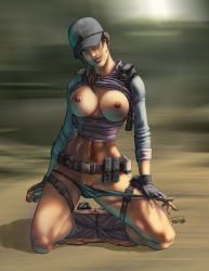 Rule 34 | abs, blue eyes, breasts, breasts out, brown hair, gloves, hat, highres, jill valentine, large breasts, nipples, panties, panty pull, ponytail, removing panties, resident evil, resident evil 5, solo, tozani, underwear, undressing