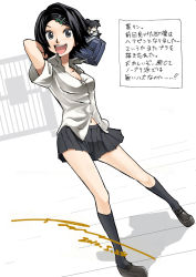 Rule 34 | 1girl, :d, alternate costume, alternate hair color, arm behind head, bag, black hair, black socks, blouse, breasts, cleavage, collared shirt, dated, dress shirt, grey eyes, hair ornament, hairclip, kagamine rin, kneehighs, legs, loafers, midriff peek, mini person, miniboy, navel, open mouth, pleated skirt, poaro, school bag, school gateway, school uniform, shadow, shirt, shoes, short hair, signature, skirt, small breasts, smile, socks, solo focus, standing, translation request, unbuttoned, untucked shirt, vocaloid, white shirt