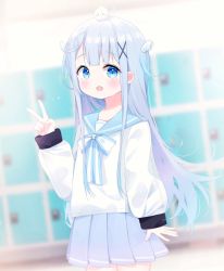Rule 34 | 1girl, :d, ahoge, amatsuka uto, animal, animal on head, blue eyes, blue hair, blue sailor collar, blue skirt, blurry, blurry background, blush, bow, depth of field, deyui, hair ornament, hand up, highres, indie virtual youtuber, long hair, long sleeves, looking at viewer, on head, open mouth, pleated skirt, puffy long sleeves, puffy sleeves, sailor collar, school uniform, serafuku, shirt, skirt, sleeves past wrists, smile, solo, striped, striped bow, teeth, two side up, upper teeth only, v, very long hair, virtual youtuber, white shirt, wing hair ornament, x hair ornament