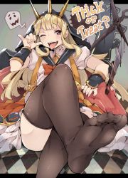 Rule 34 | 10s, 1girl, ;p, bad id, bad pixiv id, black thighhighs, blonde hair, blush, cagliostro (granblue fantasy), cagliostro (halloween) (granblue fantasy), crossed legs, crown, feet, foot focus, granblue fantasy, kamaboko (ossann0125), long hair, no shoes, one eye closed, open mouth, pink eyes, school uniform, sitting, soles, solo, thighhighs, toes, tongue, tongue out, trick or treat