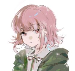 Rule 34 | 1girl, chinese commentary, closed mouth, collared shirt, commentary request, danganronpa (series), danganronpa 2: goodbye despair, expressionless, green jacket, highres, hood, hood down, hooded jacket, jacket, light frown, looking at viewer, malattia, nanami chiaki, neck ribbon, open clothes, open jacket, pink eyes, pink hair, pink ribbon, ribbon, shirt, short hair, simple background, solo, upper body, white background, white shirt