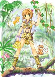 Rule 34 | 1boy, 1girl, alternate costume, banana, barefoot, branch, bright (artist), brown hair, cardcaptor sakura, cheetah print, commentary request, duplicate, flower, food, fruit, green eyes, holding, holding food, holding fruit, kero (cardcaptor sakura), kinomoto sakura, li syaoran, monkey, photoshop (medium), pink flower, short hair