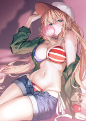Rule 34 | 1girl, absurdres, american flag bikini, arm support, baseball cap, bikini, blonde hair, bratja, breasts, blowing bubbles, chewing gum, cleavage, flag print, green eyes, green jacket, hand on headwear, hat, highres, jacket, large breasts, long hair, looking at viewer, monica adenauer, navel, off shoulder, shadow, short shorts, shorts, side-tie bikini bottom, sitting, solo, stomach, swimsuit, thighs, twintails, very long hair, yakitate!! japan