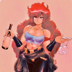 Rule 34 | 1990s (style), 1girl, armband, between fingers, big hair, black pants, bottle, bracer, breasts, cleavage, clothes around waist, collarbone, commentary, cup, dark-skinned female, dark skin, david liu, drinking glass, english commentary, high-waist pants, highres, holding, leather, leather pants, long hair, looking at viewer, maria (space maria), medium breasts, midriff, narrow waist, pants, red eyes, red hair, retro artstyle, smile, solo, space maria, spaghetti strap, sweater, sweater around waist, tan, thick thighs, thighs, toned, valentine, wine bottle, wine glass