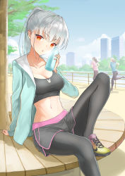 Rule 34 | 3girls, arm support, black legwear, black sports bra, blue jacket, bottle, bottle to cheek, breasts, building, cleavage, collarbone, day, dolphin shorts, grey shorts, highres, holding, holding bottle, jacket, leaning back, long hair, looking at viewer, medium breasts, midriff, multiple girls, navel, nike (company), open clothes, open jacket, open mouth, orange eyes, original, outdoors, pantyhose, ponytail, shoes, short shorts, shorts, silver hair, skyscraper, sneakers, solo focus, sports bra, stomach, takumi11