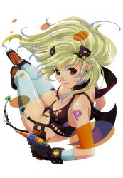 Rule 34 | 1girl, bat wings, blonde hair, boots, breasts, cleavage, earrings, facial mark, fang, forehead mark, gloves, gun, heart, highres, jewelry, lipstick, makeup, red eyes, rin-sin, smile, solo, tattoo, thighhighs, weapon, wings