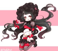 Rule 34 | 10s, 2girls, :d, abyssal ship, ahoge, black gloves, black hair, black legwear, brown eyes, chibi, colored skin, dress, elbow gloves, gloves, gothic lolita, hairband, highres, horns, isolated island oni, kantai collection, kobone, lolita fashion, lolita hairband, mary janes, mittens, multiple girls, northern ocean princess, open mouth, pantyhose, ribbon, shoes, smile, white dress, white hair, white skin
