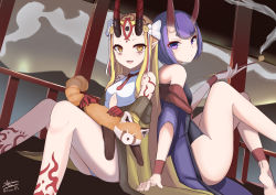 Rule 34 | 2girls, :d, absurdres, animal, arm support, bare shoulders, barefoot, blonde hair, brown eyes, closed mouth, commentary request, facial mark, fang, fate/grand order, fate (series), forehead mark, highres, holding, holding smoking pipe, horns, ibaraki douji (fate), japanese clothes, kimono, kiseru, long hair, looking at viewer, looking back, multiple girls, off shoulder, oni, open clothes, open kimono, open mouth, purple eyes, purple hair, purple kimono, sato art, short eyebrows, short hair, shuten douji (fate), signature, sitting, skin-covered horns, smile, smoking pipe, tanuki, thick eyebrows, twitter username, very long hair, yellow kimono