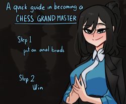 Rule 34 | 1girl, absurdres, black hair, blue eyes, blue shirt, blush, board game, breasts, centurii-chan (artist), chess, chess piece, closed mouth, collared shirt, commentary, english commentary, english text, formal, highres, jacket, jacket on shoulders, large breasts, long hair, long sleeves, looking at viewer, neck, necktie, original, own hands together, ponytail, shirt, sidelocks, smile, solo, suit, white necktie
