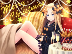 Rule 34 | 1girl, abigail williams (fate), black bow, black dress, blonde hair, blue eyes, blush, bow, breasts, bucket of chicken, cake, christmas, closed mouth, cup, dress, drinking glass, fate/grand order, fate (series), food, forehead, fried chicken, fruit, highres, knees up, long hair, long sleeves, looking at viewer, merry christmas, mitabi tsukasa, multiple bows, orange bow, parted bangs, photoshop (medium), polka dot, polka dot bow, smile, snowflakes, solo, strawberry, thighs