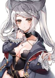 Rule 34 | 1girl, 40 (0f0urw), :&lt;, absurdres, black coat, black leotard, blush, braid, breasts, brown eyes, coat, commentary request, erune, fraux, granblue fantasy, hand up, highres, holding, holding hair, leotard, long hair, long sleeves, looking at viewer, medium breasts, silver hair, single braid, solo, swept bangs, twintails, upper body, white background, wide sleeves