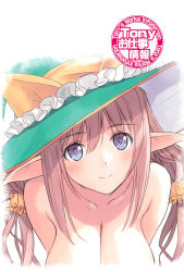 Rule 34 | 1girl, absurdres, artist name, bare shoulders, breasts, brown hair, cleavage, collarbone, elf, frills, hat, highres, large breasts, long hair, looking at viewer, medium breasts, official art, pointy ears, ponytail, purple eyes, rinna mayfield, shining (series), shining resonance, sidelocks, simple background, smile, solo, tony taka, topless, upper body, white background
