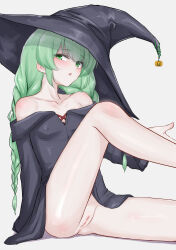 Rule 34 | 1girl, bar censor, blush, braid, breasts, censored, cleft of venus, collarbone, covered erect nipples, green eyes, green hair, hat, highres, leg up, long hair, long sleeves, looking at viewer, low twin braids, mustee, no panties, off shoulder, open mouth, original, parted lips, pointless censoring, pussy, simple background, sitting, small breasts, solo, twin braids, witch, witch hat