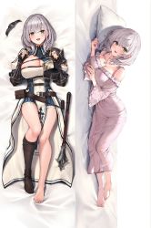 Rule 34 | 1girl, armor, asymmetrical footwear, barefoot, bed, bed sheet, braid, breasts, chest strap, collar, dakimakura (medium), dress, full body, green eyes, highres, hololive, large breasts, lingerie, looking at viewer, lying, mace, mole, mole on breast, official art, on bed, pillow, shirogane noel, shirogane noel (1st costume), short dress, short hair, silver hair, underwear, virtual youtuber, watao, wavy hair, weapon, wrist guards