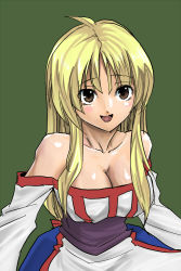 Rule 34 | 1girl, arc the lad, arc the lad ii, bare shoulders, blonde hair, breasts, brown eyes, cleavage, dress, erugiza, female focus, lieza (arc the lad), long hair, open mouth, simple background, solo
