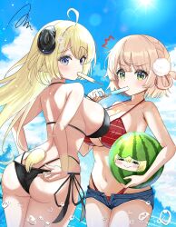 2girls artist_request ass back blonde_hair blue_sky blush breasts bubble cloud cloudy_sky day food gradient_eyes green_eyes hololive horns large_breasts long_hair looking_back multicolored_eyes multiple_girls navel ocean popsicle purple_eyes shigure_ui_(vtuber) short_hair shorts sky swimsuit tsunomaki_watame virtual_youtuber