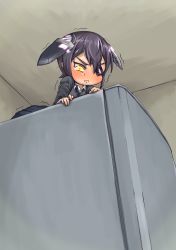 Rule 34 | 10s, 1girl, :t, check translation, commentary request, gradient background, hair between eyes, headgear, highres, kantai collection, looking down, mini person, minigirl, pout, purple hair, refrigerator, short hair, solo, tears, tenryuu (kancolle), translation request, trembling, yatanokagami, yellow eyes