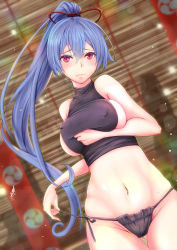 Rule 34 | 1girl, absurdres, bare shoulders, black panties, black shirt, blue hair, blush, breast lift, breasts, closed mouth, clothes lift, covered erect nipples, cowboy shot, dutch angle, fate/grand order, fate (series), gluteal fold, hair between eyes, hair ribbon, highres, indoors, large breasts, long hair, looking at viewer, navel, panties, ponytail, red eyes, red ribbon, ribbon, shirt, shirt lift, side-tie panties, sideboob, sleeveless, sleeveless shirt, solo, sparkle, spekkio36, stomach, tomoe gozen (fate), turtleneck, underwear, untying, very long hair