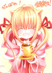 Rule 34 | animal ears, blonde hair, cat ears, catbell, cup, closed eyes, hair ribbon, long hair, oversized clothes, ribbon, saucer, smile, solo, twintails