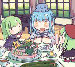 3girls absurdres bang_dream! bang_dream!_it&#039;s_mygo!!!!! beret birthday birthday_cake blue_dress blue_hair cake cucumber cup dress ennisgirsu food green_hair hair_ribbon hat highres holding holding_knife instrument knife long_hair mortis_(bang_dream!) mortis_(doll)_(bang_dream!) multiple_girls piano pudding red_hat red_shoes ribbon solid_circle_eyes table teacup togawa_sakiko twintails wakaba_mutsumi wakaba_mutsumi_(doll) yellow_eyes