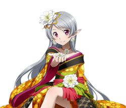 Rule 34 | 1girl, collarbone, earrings, flower, hair flower, hair ornament, japanese clothes, jewelry, kimono, long hair, looking at viewer, necklace, pointy ears, red eyes, seven (sao), silver hair, sitting, smile, solo, sword art online, transparent background, very long hair, white flower