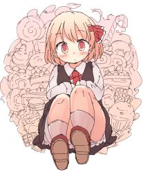 Rule 34 | 1girl, absurdres, blonde hair, brown footwear, burger, cake, cake slice, candy, candy cane, closed mouth, doughnut, food, food-themed background, full body, hair ribbon, highres, kamotsu yasai, lollipop, long sleeves, looking at viewer, pumpkin, red eyes, red ribbon, ribbon, rumia, short hair, solo, touhou, waffle, white legwear